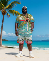 Big & Tall Men's Hawaiian Coconut Flower Graffiti Print Round Neck Short Sleeve T-Shirt Shorts Suit
